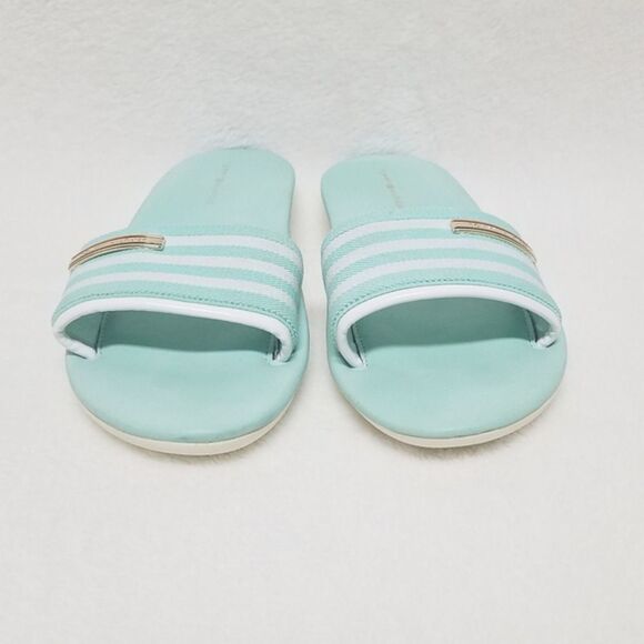 TOMMY Hilfiger Pascal Open Toe Aqua Striped Slides - Picture 3 of 10
